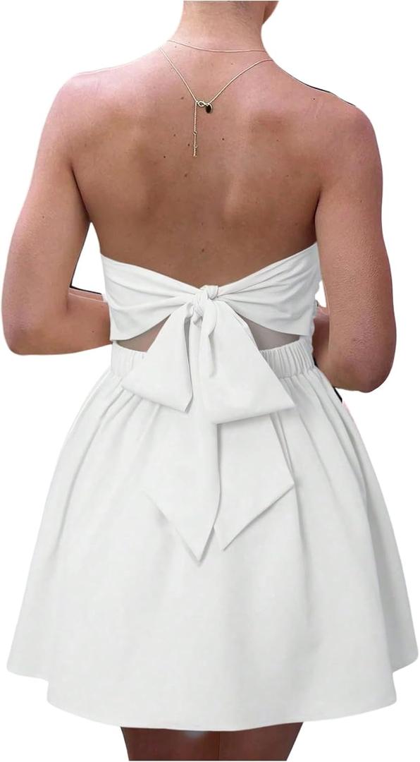 MakeMeChic Women's Strapless Backless Mini Dress Summer Ruffle Tube Bandeau Shorts Dress with Bow (White, M)