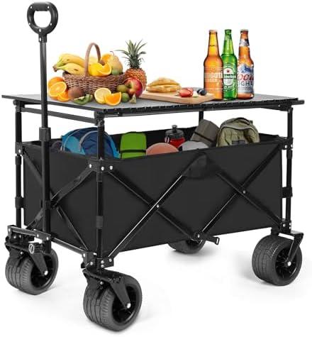 SHINLEYPACK Collapsible Wagon with Table, Large Capacity Foldable Wagons Carts, Beach Wagon with Big Wheels, Heavy Duty Beach Car Utility Wagon for Outdoor Park, Shopping, Sports, Camping, Garden