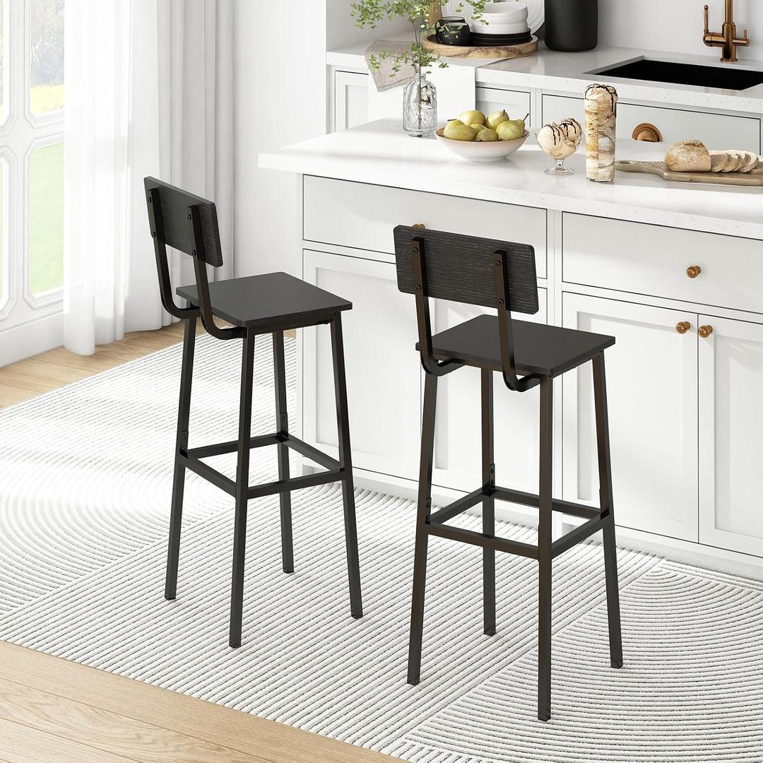 GILLAS Set of 2 Bar Stools, Tall Bar Chairs with Backrest and Footrest, Industrial Style Counter Height, Black (Rectangular)