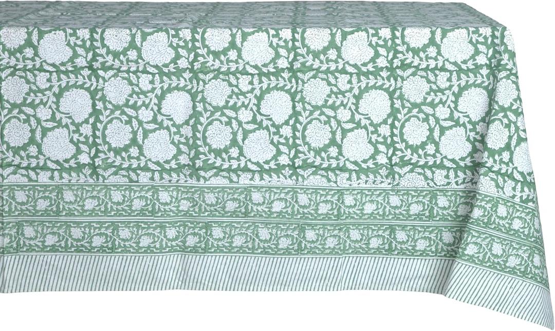 ATOSII Shalimar Green 100% Cotton Rectangle Spring Tablecloth, Handblock Floral Print Linen Table Cloth for Kitchen Dining I Parties, Outdoors, Weddings, Easter Holidays I 72 X 108 Inches I 8 Seater