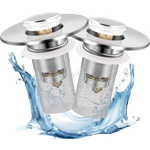 2 Pack Bathroom Sink Drain Strainer, 2 in 1 Pop Up Bathroom Sink Stopper with Hair Catcher Basket for 1~1.5 Inch Drain Holes, Universal Wash Basin Stopper Sink Drain Filter Anti-Clogging