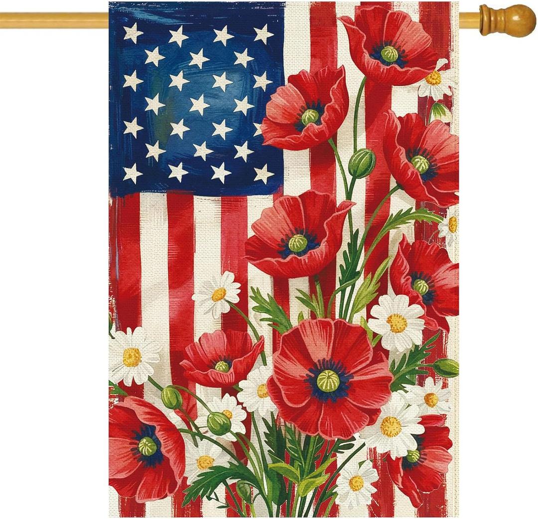 Baccessor 4th of July American House Flag 28x40 Inch Double Sided Burlap,Patriotic Memorial Day the Stars and Stripes Floral Flowers Summer Porch Holiday Seasonal Outdoor Outside Decoration