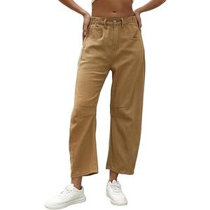 Ladyful Barrel Jeans Vintage Elastic Mid Rise Wide Leg Jeans for Women Trendy Baggy Boyfriend Denim Pants with Pockets Khaki Small