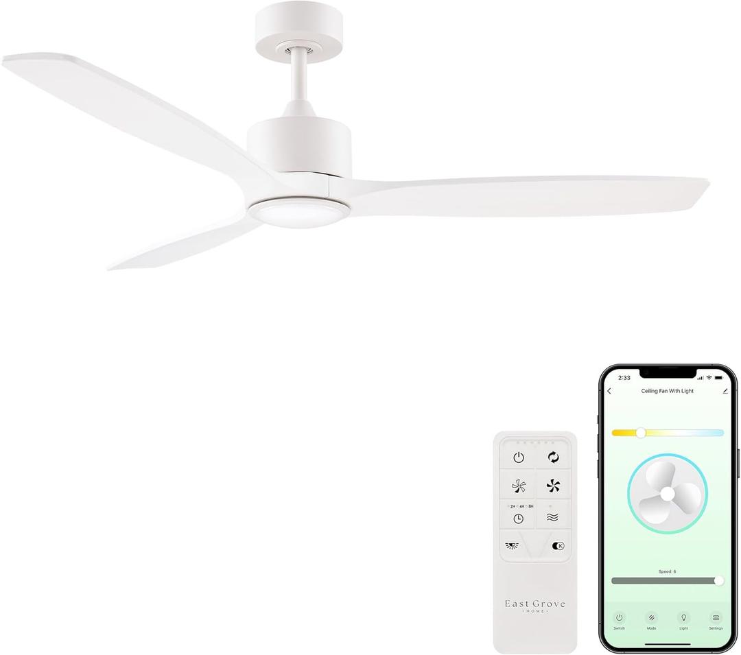 Madera Collection Smart 3-Blade 52in Ceiling Fan 2700K-6000K CCT Selectable LED Light Kit with Remote Control and White Hardware with White Wood Blades Works With iOS or Android App