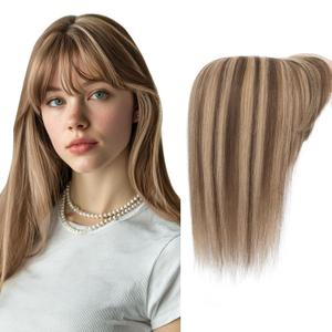 Hair Toppers for Women Real Human Hair 16 Inch Long Straight Toppers for Women with Thinning 7 * 13CM Silk Base Clip in Hairpieces with Bangs (Mocha Brown & Dark Blonde)