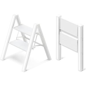 GameGem 2 Step Ladder, Aluminum Folding 2 Step Stool with Anti-Slip Sturdy and Wide Pedal, Lightweight Portable Stepladder for Home and Kitchen Use Space Saving, Cream White, 330 lbs