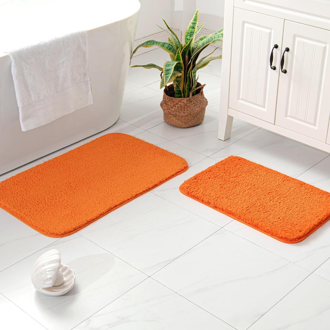 MIULEE Orange Microfiber Bathroom Rugs and Mats Sets 2 Pieces Extra Thick Non Slip Bath Mat Absorbent Soft Shaggy Washable Quick Dry Rug for Bath Room Floor Restroom, 16"x24"+20"x30"