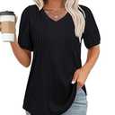 siliteelon Womens Blouses Dressy Casual Puff Short Sleeves Shirts Pleated V Neck Summer Loose Blouses Tunic Tops L Black