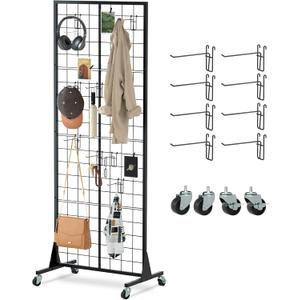 Urban Deco Gridwall Panel Display Stand - Craft Show Display Rack with Extra 8 Hooks, 2' x 5.5' Ft Black Metal Grids Standing Wire Rack for Retail Art Fair - 1 Set