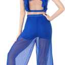 ODASDO Women Two Piece Lyrical Dance Costumes Criss Cross Crop Tops + Mesh Tulle Wide Leg Pants Modern Contemporary Dancewear (Blue, XL)