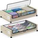 Under Bed Storage with Wheels, 2-Pack Under Bed Storage Containers with Clear Lids, XXL 60L Under the bed storage Organizer Bins, Rolling Under Bed Metal Drawer for Clothes,Shoes,Toys (White, 2 Pack)