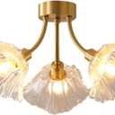 Gold Brass Flush Mount Ceiling Lights Fixture Clear Glass 3-Light Close to Ceiling Light Flower Glass Shape Shade Mid Century Chandelier Lighting for Bedroom Living Room Dining Room, 45*27cm/17.7*106