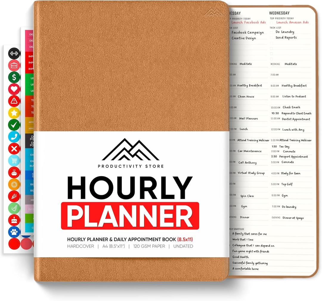 Hourly Planner & Appointment Book (8.5 x 11) - Premium Hourly Planner with Daily Schedule & 30-Minute Time Slots for Better Time Management by PRODUCTIVITY STORE (A4, Brown) (Leather)