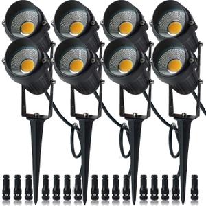 5W Low Voltage LED Landscape Lights,12V/24V AC/DC Landscape Lighting,Outdoor Lawn Tree Flag Spotlights with Spike Stand,IP65 Waterproof Garden Pathway Lights (8 Pack Warm White with Connector)