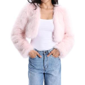 Xintianji Womens Faux Fur Cropped Jacket - Open Front Long Sleeve Winter Fuzzy Fleece Coat (Large, Pink)