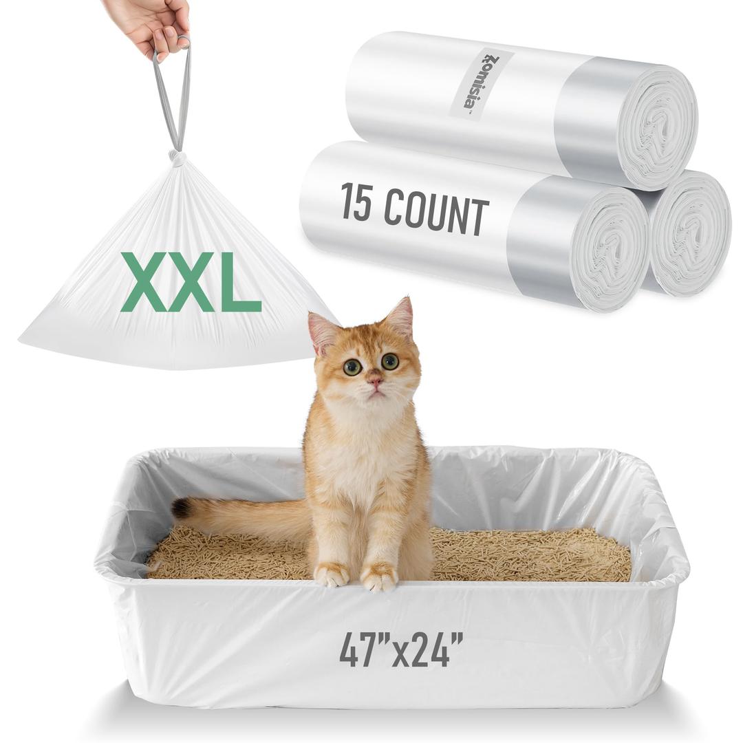 ZOMISIA Super Jumbo Litter Box Liner XXL - 15 Count 47" x 24" Cat Litter Bags with Drawstring, Extra Thick Kitty Litter Pan Liners Tear Resistant Heavy Duty, Easy Clean up for Litter Tray, Unscented