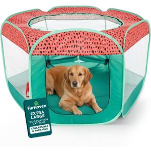 FurHaven Portable Pet Playpen for Dogs & Cats, Foldable, Indoor Kitten Playpen with Mesh Sides, Foldable, Pop Up Travel Dog Pen, X-Large, Green & Pink