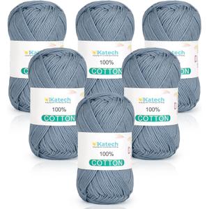 Katech Pure Cotton Yarn for Crocheting & KnittingSoft Sport Weight CYC #2, 6 Skeins (50g Each, 300g Total), Ideal Crochet Yarn for Dishcloths, Baby Clothes, Socks, Lightweight ScarvesBlue Gray