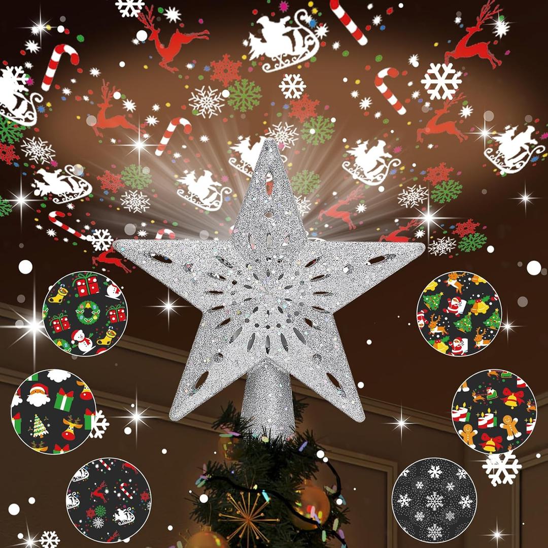 Christmas Tree Topper Lighted with 6 Pattern Projection Patterns, Christmas Star Tree Topper Built-in LED Rotating Lights, 3D Glitter Dynamic Projection for Christmas Tree Decor(Sliver) (Silver)