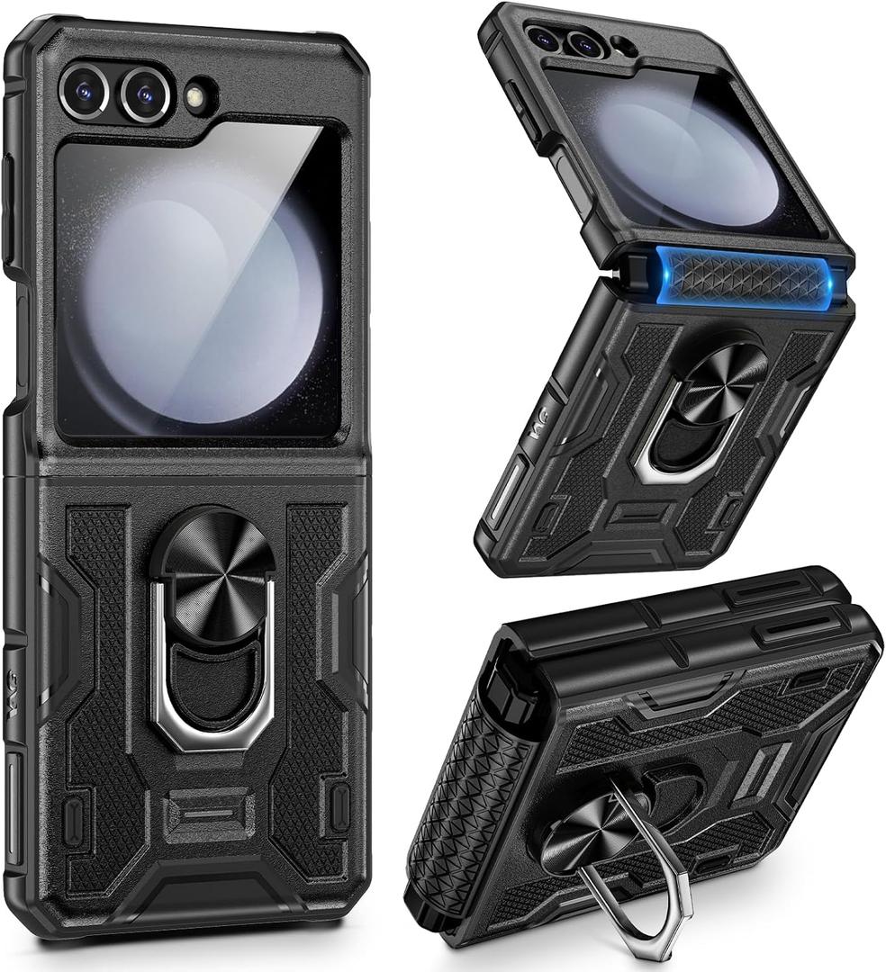 VEGO for Z Flip 5 Case, Samsung Flip 5 Case with 360 Rotate Ring Stand & Hinge Protection, Screen Protector, Drop Proof Full Body Cover Case for Samsung Galaxy Z Flip 5 - Black