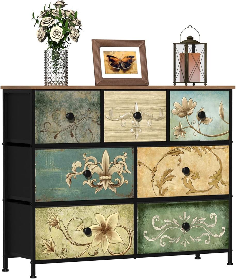 Tohomeor Dresser with Drawers for Bedroom Chest of Drawers Fabric Dresser for Closet,Nursery Entryway Hall Tree TV Stand for Living Room Retro Floral Pattern Drawers Wooden Top (7 Drawers), 11.8"D x 39"W x 31.3"H