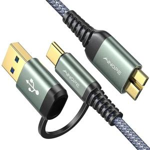 AINOPE 10Gbps Micro B to USB C External Hard Drive Cable 1.5FT, Nylon Braided External Hard Drive Cord Compatible with MacBook Pro/Air, Tablet/iPad, WD Seagate Toshiba Westgate, Samsung Galaxy S25
