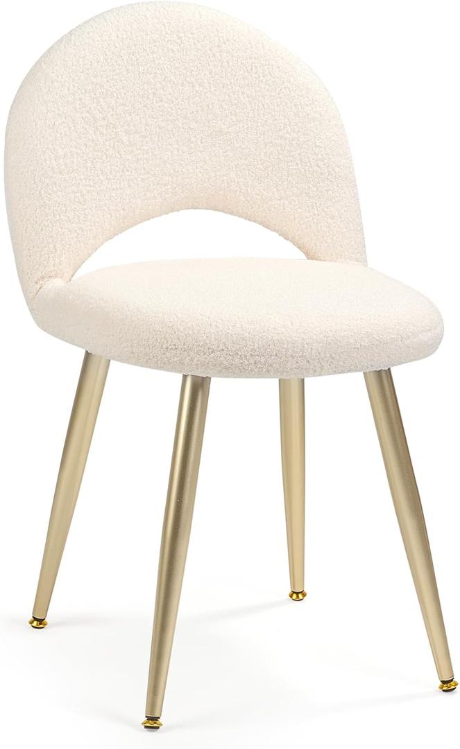 Vanity Chair with Adjustable Backrest, Boucle Upholstery Armless Makeup Stool, Cream White Sherpa Vanity Stool with Gold Metal Legs for Bedroom Living Room Kitchen Dinning Room (Gold and White)