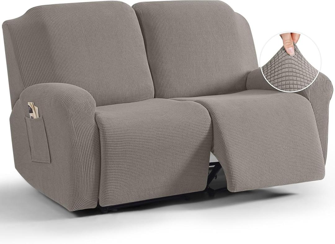 TAOCOCO Recliner Loveseat Slipcover, 6 Pieces Dual Recliner Sofa Covers for 2 Seat Dual Reclining Loveseat Couch, Stretch Soft Jacquard Pattern Furniture Protector with Elasticity (2XL, Pale Brown)