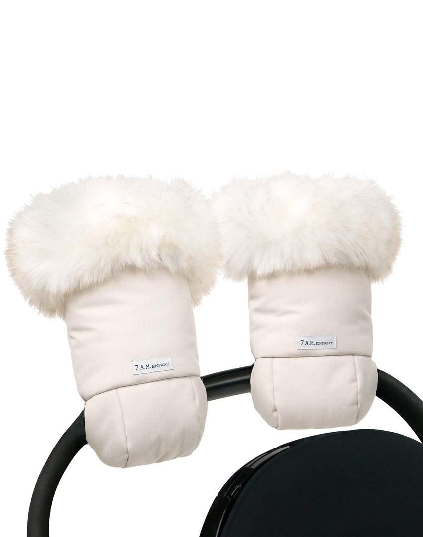 7AM Enfant Stroller Warmmuffs Gloves - Anti-Freeze Stroller Mittens for Handlebars, Water Repellent Hand Warmer Muff for Cold Weather, Plush Lined Stroller Warmmuffs | Winter Stroller Accessories (Heather Beige/White Faux Fur)