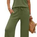 Casly Lamiit 2 Piece Lounge Sets for Women Summer Outfits Travel Airport Henley Sweatsuit Casual Wide Leg Crop Pants 2026 (Green, XL)