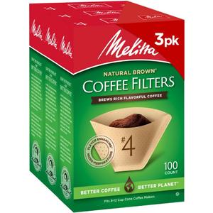 Melitta #4 Cone Coffee Filters, Natural Brown, 100 Count (Pack Of 3), 300 Total Filters - Fits all 8-12 Cup Cone Coffee Makers and Pour-Overs, Compostable, Tear-Resistant