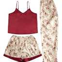 WDIRARA Women's 3 Pieces Sleepwear Letter Graphic Print Lettuce Trim Cami Top with Shorts and Pants Pajama Set (Medium , Burgundy)
