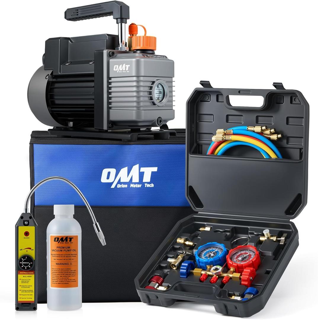 Orion Motor Tech AC Vacuum Pump and Gauge Set, 1/3 hp 4 cfm Vacuum Pump Manifold Gauge Kit with Leak Detector 3 Hoses & Accessories for R134a R12 R22 R502, A/C Vacuum Pump Kit for Auto HVAC Systems