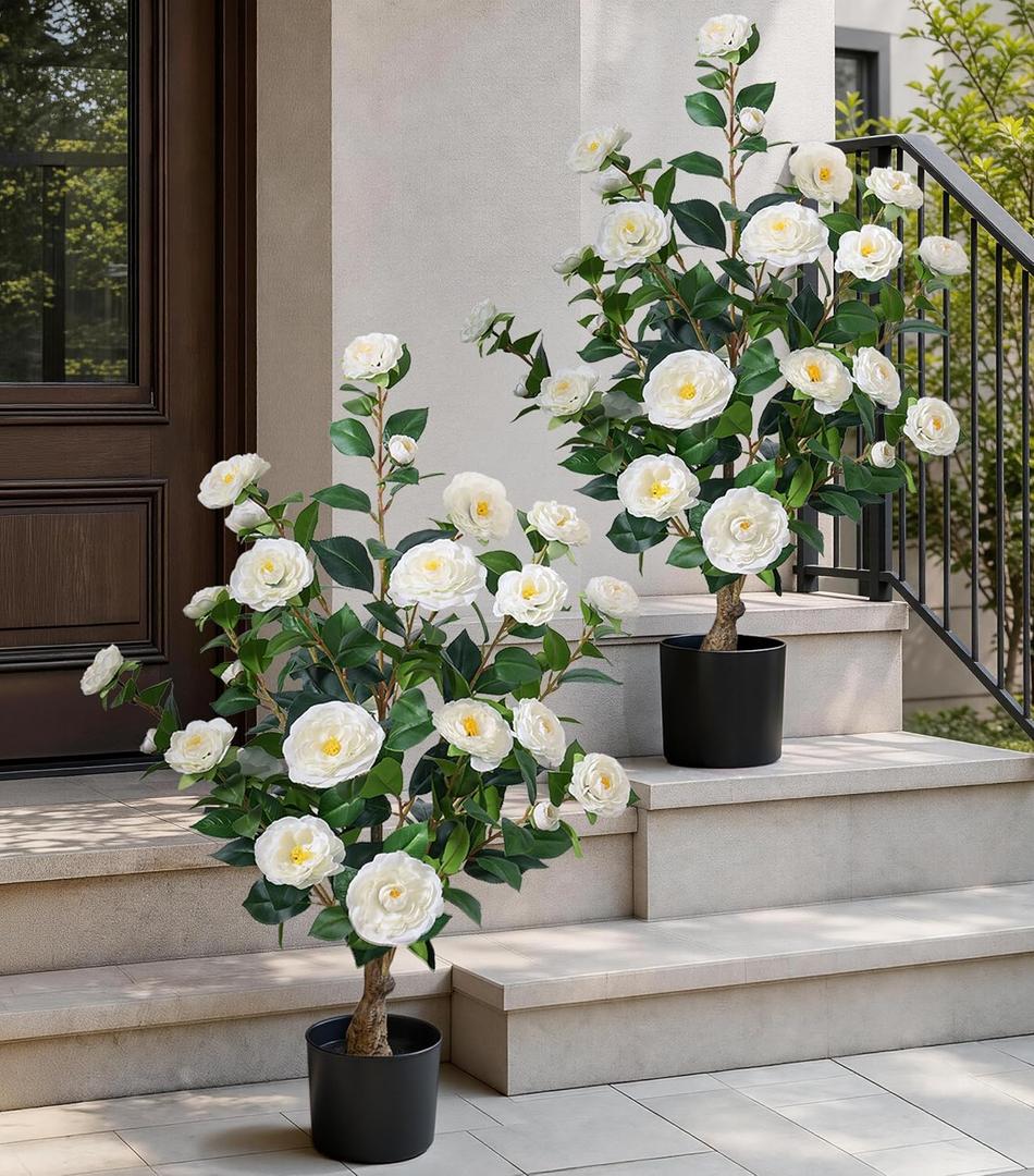 HyeFlora 3ft Artificial Camellia Tree 2 Pack, 34 Inches Faux Camellia Plant in Pot,Fake Potted Camellia Flower Trees UV Resistant for Modern Home Office Living Room Floor Indoor Outdoor Patio Decor