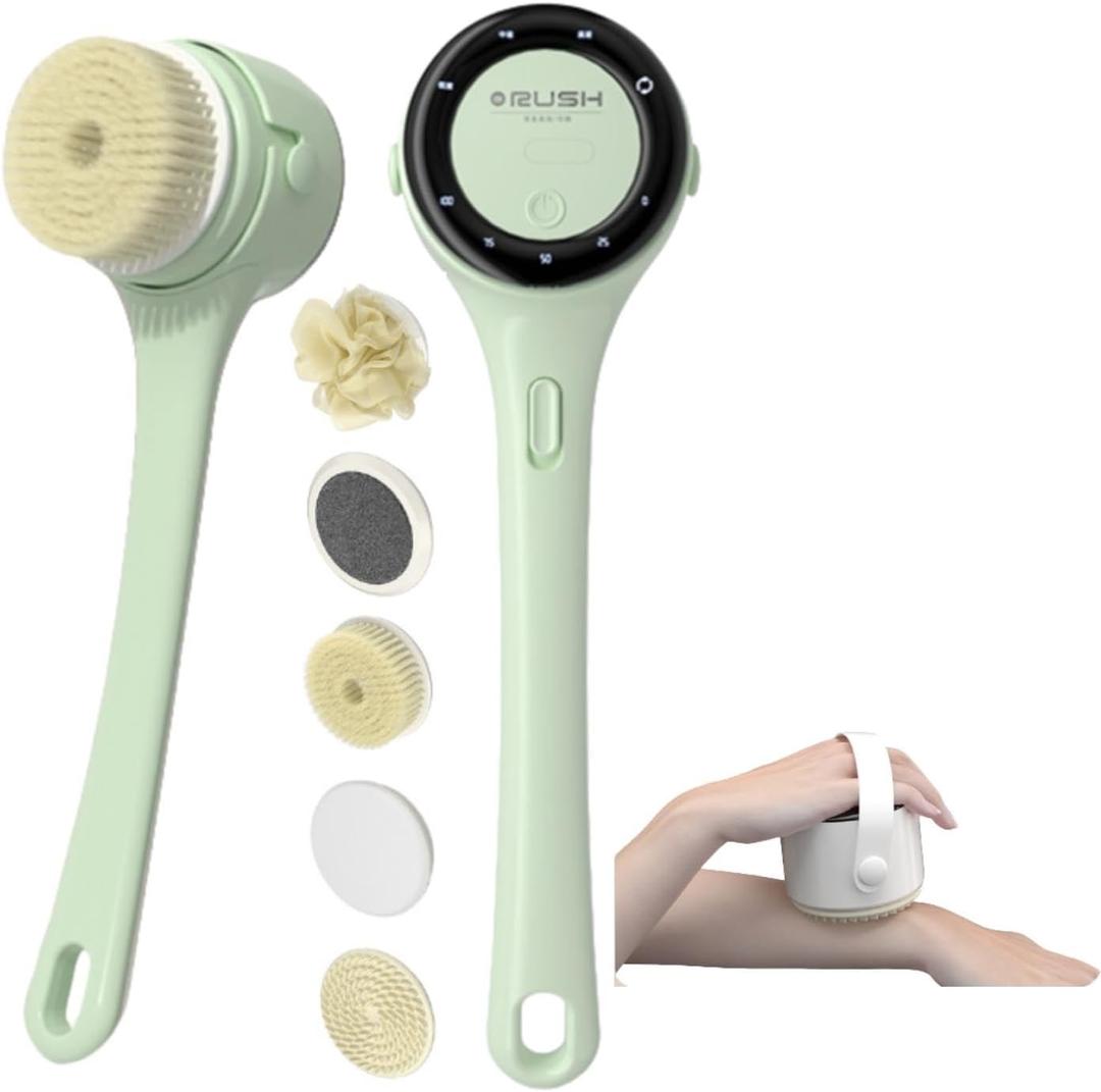 Electric Body Brush with 5 Heads 4 Speeds Digital Display for Shower, Handhels & Long Handle Waterproof, Overweight Person Deep Cleansing Whole Body, Exfoliating & Massaging All Skin Types (Green)