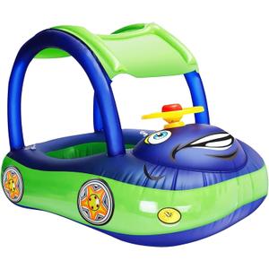 iGeeKid Inflatable Baby Pool Float with Canopy, Safty Seat for Infant Baby Swim Float Rings Car Shaped Swimming Pool Floaties for Babies Toddler Age of 6-36 Months (Blue)