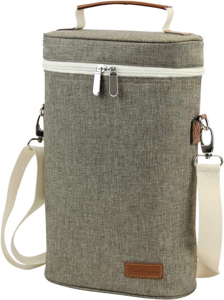 ZORMY 2 Bottle Insulated Wine Carrier Bag for Travel, Wine Carrier Tote Cooler Bag with Shoulder Strap & Corkscrew Opener, Perfect Wine Lover's Gift, Great for Picnics and Outdoor Entertaining (Khaki)