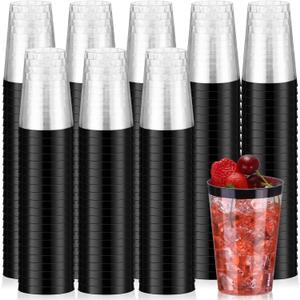 Patelai 100 Pcs 12 oz Plastic Disposable Cups 12 oz Plastic Glasses Clear Tumblers with Rim for Birthday Wedding Party Elegant Wine Coffee Cocktail Cups(Black)