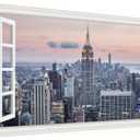Window View New York Skyline Canvas Wall Art- City Landscape Canvas Print Pictures Painting Artwork Framed for Living Room Bedroom Bathrom Offce Decor-24"x48"