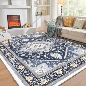 OPPODREAM Soft 10x14 Area Rugs, Washable Rugs 10x14 with Non Slip Backing, Low-Pile Faux Cashmere 10 x 14 Carpet, Navy Blue & Gold