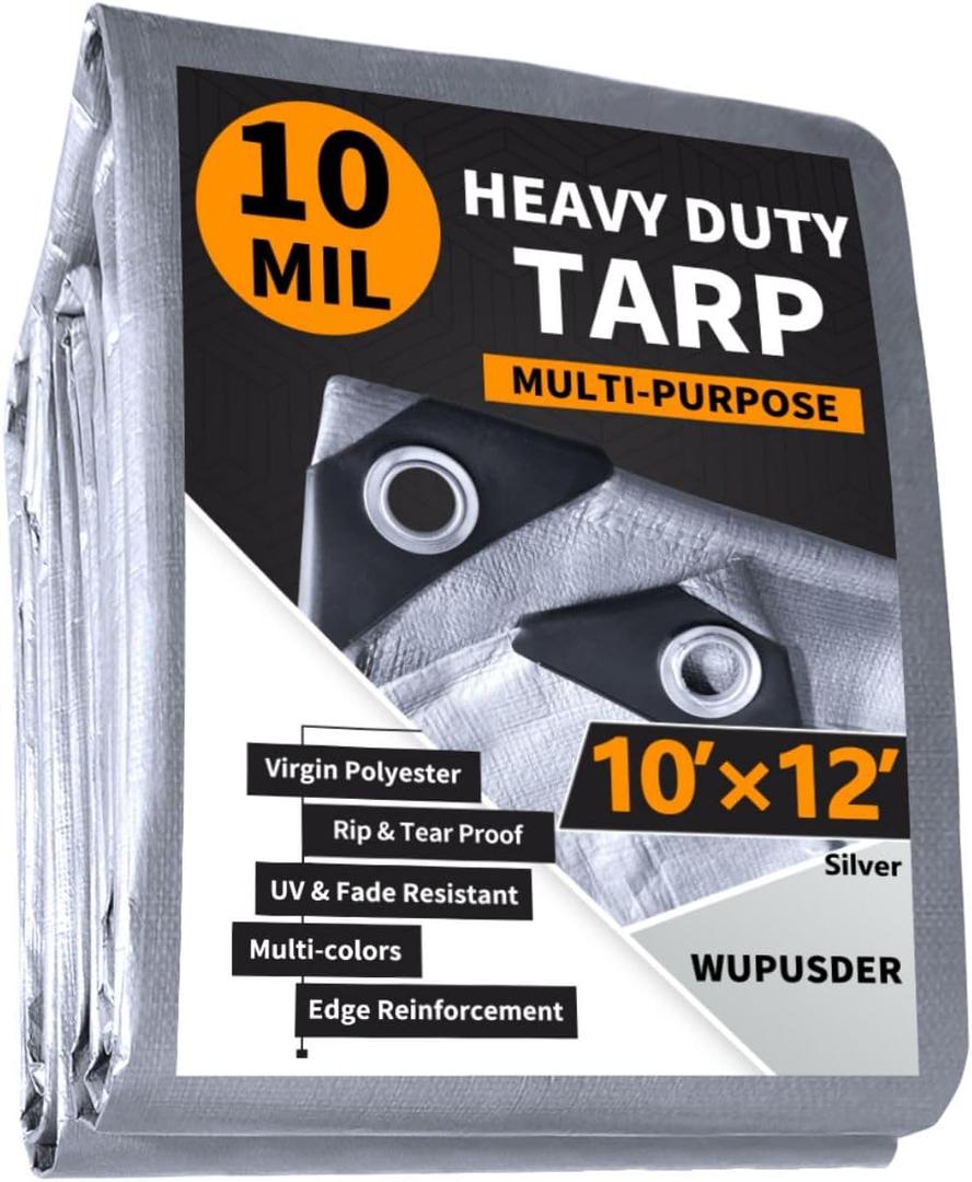10'x12' Heavy Duty Tarp, 10Mil Silver Waterproof Tarps with Grommets, UV Resistant, Poly Tarpaulin with Reinforced Edges, Cover for Car, Roof, Camping