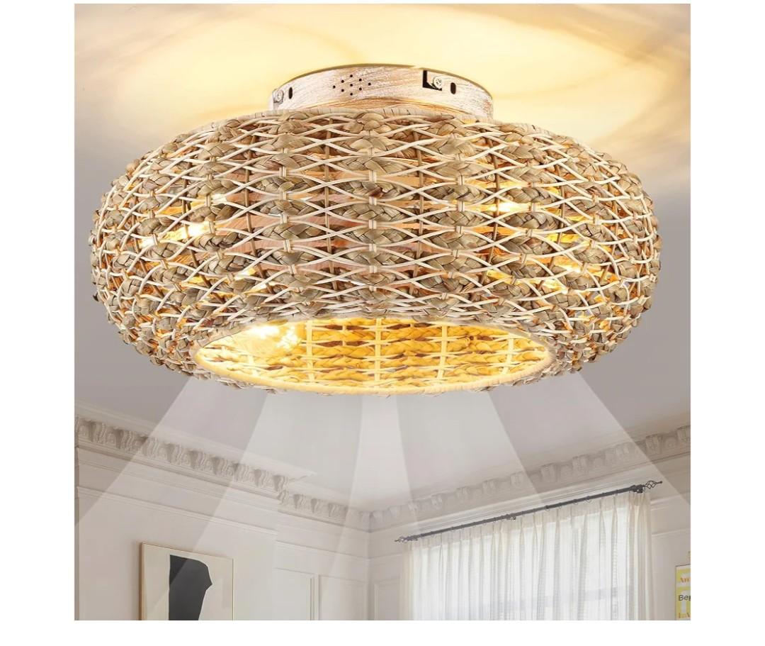 Boho Caged Ceiling Fans with Lights Flush Mount,Low Profile Ceiling Fan with Remote and APP,20 Inch Rattan Fan for Bedroom,6 Speeds Reversible Silent Fandalier (4 LED Bulb Include)