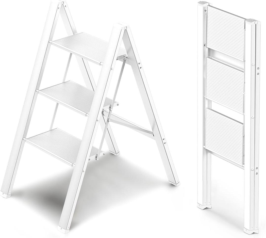 WOA WOA 3 Step Ladder, Foldable Step Stool, Aluminum Lightweight Ladder for Home Kitchen Closet, Anti-Slip Pedals, Ease of Folding, Portable, 300lbs Capacity - White