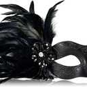 MYSEUNI 2025 New Black Masquerade Masks for Women with Feathers - Womens Mascarade Venetian Mask for Masquerade Party, Mardi Gras, Halloween Cosplay Prom, Christmas