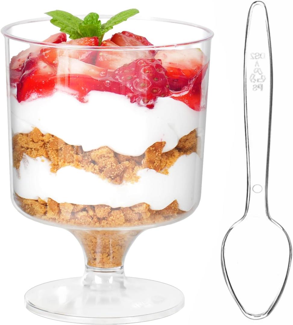Zezzxu 5 oz Mini Dessert Cups with Spoons, 40 Pack Small Dessert Cups Plastic Footed Goblet Glasses for Serving Trifles, Appetizers, Puddings, Mousse, Parfait (5 oz (40 cups + 40 spoons))
