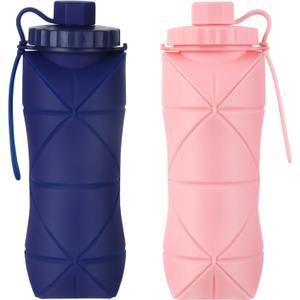 YCTMALL Silicone Collapsible Water Bottles, Lightweight Reusable Leakproof For Traveling Camping Hiking Cycling Sports Outdoor, Foldable Portable Travel Water Bottle 600ML Dark Blue And Pink 2Pack