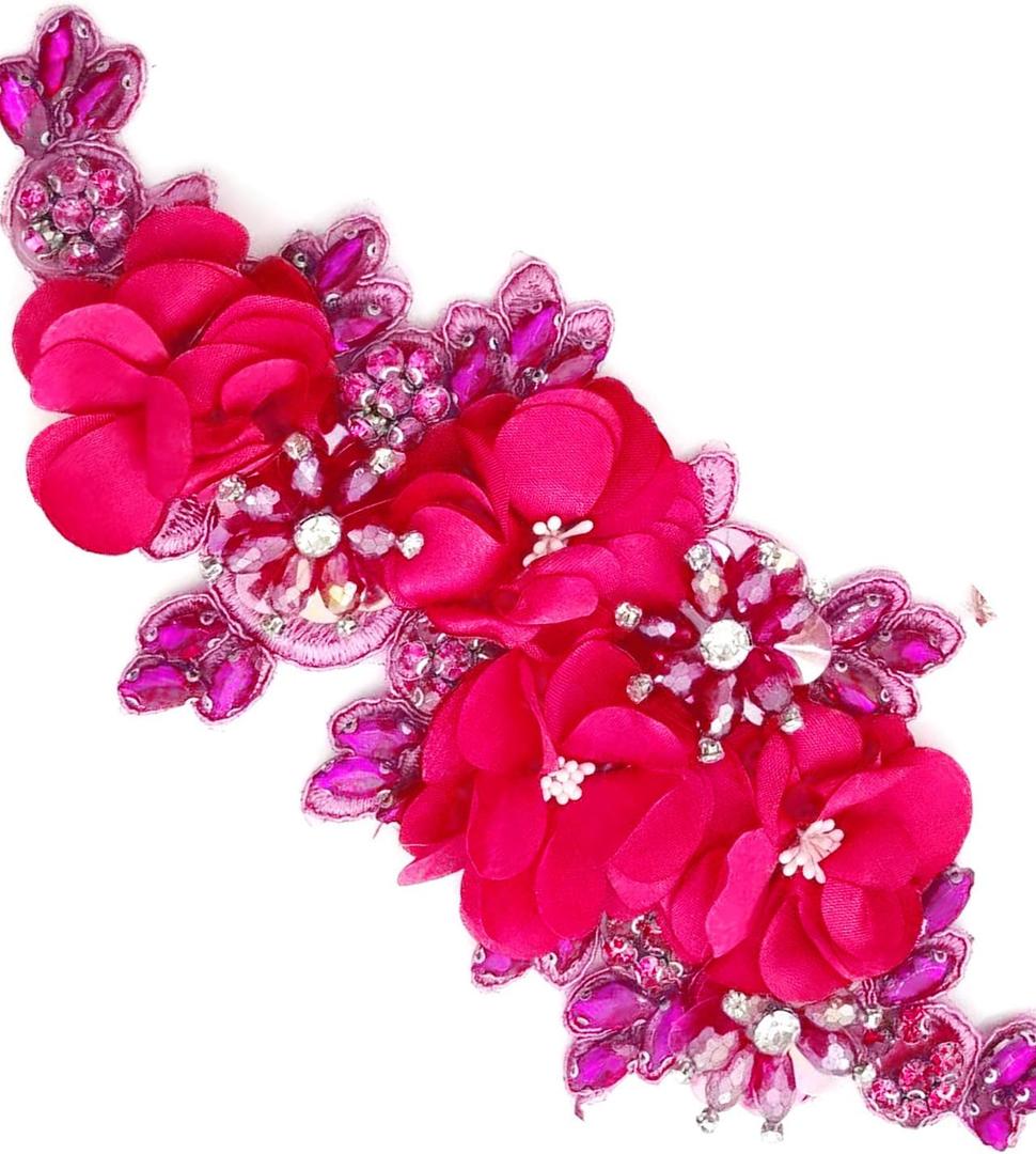 1pc Handmade Rhinestone Applique for Clothes, 3D Flower Fabric Patches for Wedding Dress, Bling Beaded Embroidery Lace Applique for Hat Hairband Sewing Embellishment (Hot Pink)