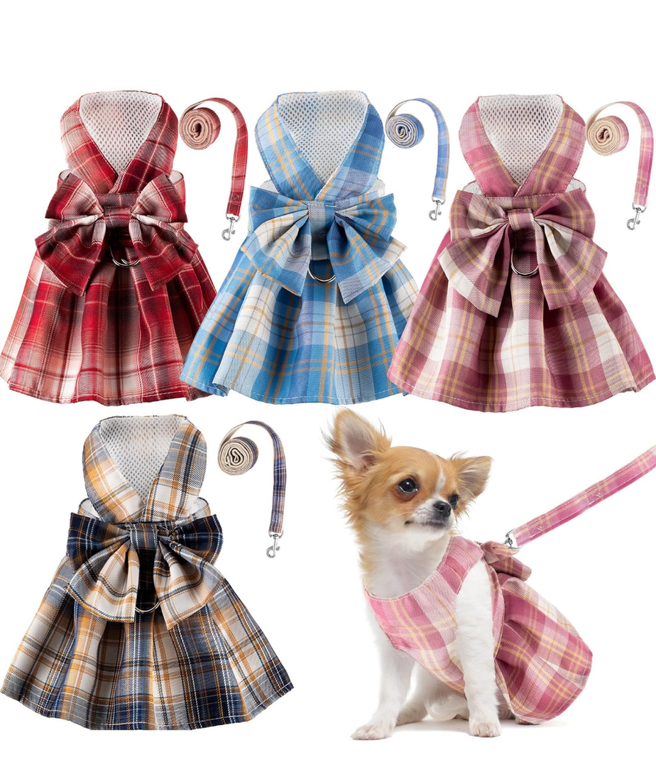 4 Pcs Cute Plaid Dog Dress Set with Bow Tie Harness & Leash for Small Dogs