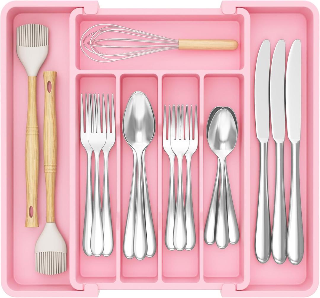 Lifewit Silverware Drawer Organizer, Expandable Utensil Tray for Kitchen, BPA Free Flatware and Cutlery Holder, Adjustable Plastic Storage for Spoons Forks Knives, 8.5"-14.1" x 12.1", Pink