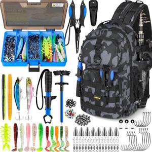 PLUSINNO Fishing Backpack with Tackle Boxes, Waterproof Fishing Sling Tackle Bag For Fishing Gear With Rod Holder, Fishing Gifts for Men With Fishing lures, Fishing pliers, Fish Lip Gripper, 
Color: Black Camo Fishing Backpack With Tackle Box